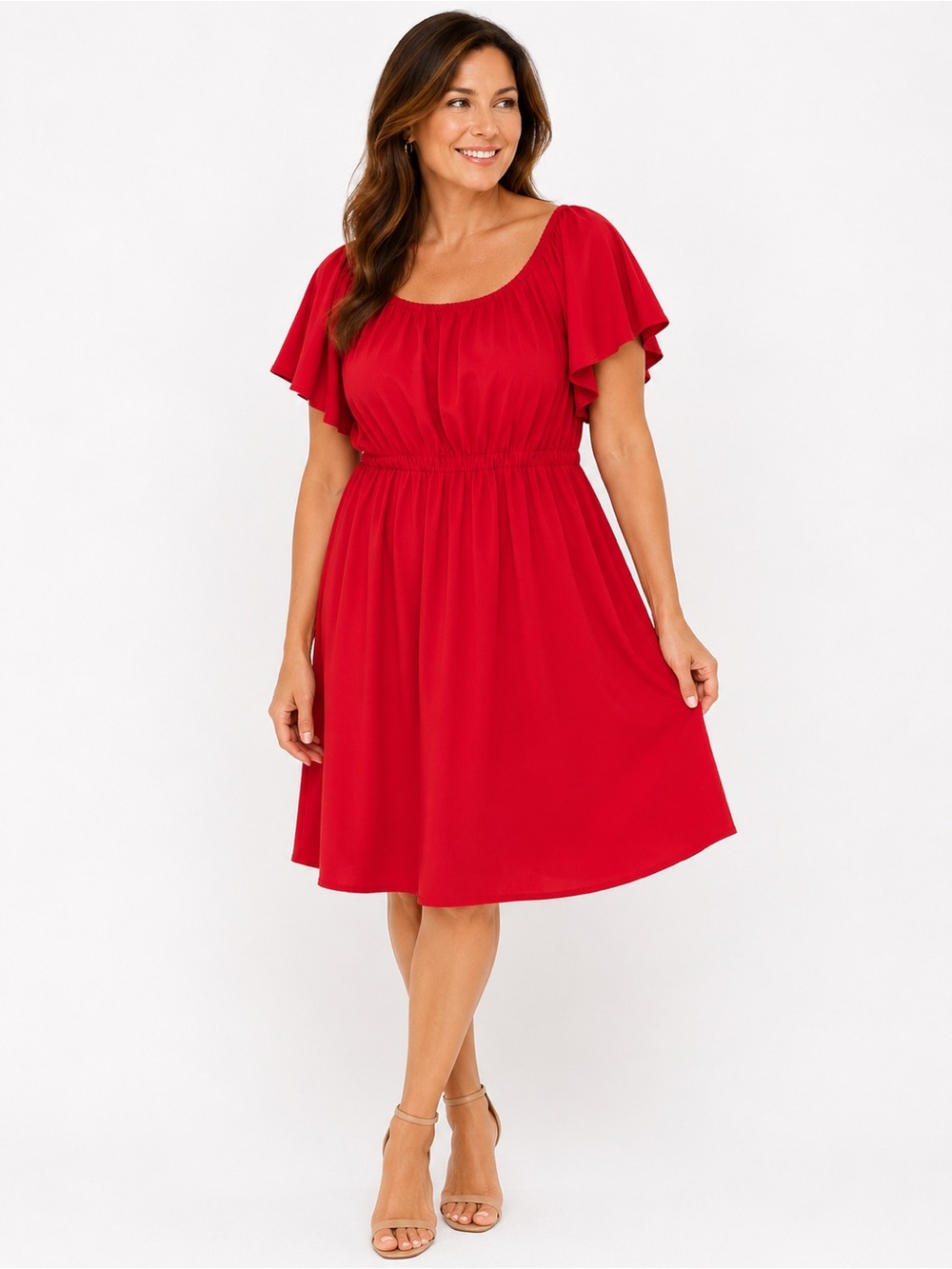 Women’s Red Elastic-Waist Midi Dress with Flutter Sleeves